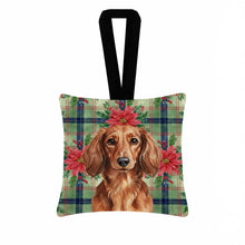 Load image into Gallery viewer, Longhaired Red Dachshund Christmas PoinsettIas Hanging Square Fabric Ornament 3.5 x 3.5