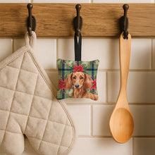 Load image into Gallery viewer, Red Brown Dachshund Christmas PoinsettIas Hanging Square Fabric Ornament 3.5 x 3.5