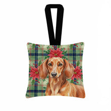 Load image into Gallery viewer, Red Brown Dachshund Christmas PoinsettIas Hanging Square Fabric Ornament 3.5 x 3.5
