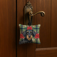 Load image into Gallery viewer, Wirehaired Black and Tan Dachshund Christmas PoinsettIas Hanging Square Fabric Ornament 3.5 x 3.5