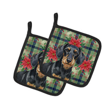 Load image into Gallery viewer, Wirehaired Black and Tan Dachshund Christmas PoinsettIas Pair of Pot Holders