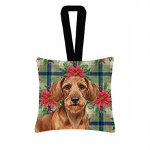 Load image into Gallery viewer, Wirehaired Red Dachshund Christmas PoinsettIas Hanging Square Fabric Ornament 3.5 x 3.5