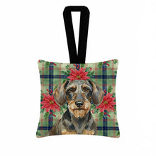Load image into Gallery viewer, Wirehaired Wild Boar Dachshund Christmas PoinsettIas Hanging Square Fabric Ornament 3.5 x 3.5