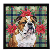 Load image into Gallery viewer, Brindle and White English Bulldog Christmas PoinsettIas Framed Metal Print