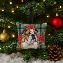 Load image into Gallery viewer, Brindle and White English Bulldog Christmas PoinsettIas Hanging Square Fabric Ornament 3.5 x 3.5