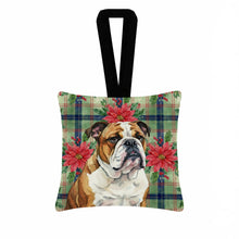 Load image into Gallery viewer, Brindle and White English Bulldog Christmas PoinsettIas Hanging Square Fabric Ornament 3.5 x 3.5