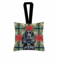 Load image into Gallery viewer, Black English Cocker Spaniel Christmas PoinsettIas Hanging Square Fabric Ornament 3.5 x 3.5