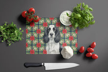 Load image into Gallery viewer, Black and White English Springer Spaniel Christmas PoinsettIas Glass Cutting Board