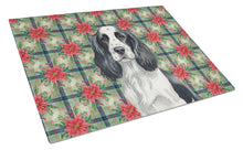 Load image into Gallery viewer, Black and White English Springer Spaniel Christmas PoinsettIas Glass Cutting Board