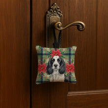 Load image into Gallery viewer, Black and White English Springer Spaniel Christmas PoinsettIas Hanging Square Fabric Ornament 3.5 x 3.5
