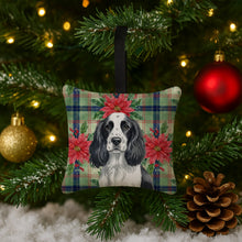 Load image into Gallery viewer, Black and White English Springer Spaniel Christmas PoinsettIas Hanging Square Fabric Ornament 3.5 x 3.5