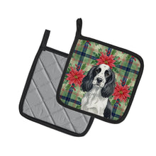 Load image into Gallery viewer, Black and White English Springer Spaniel Christmas PoinsettIas Pair of Pot Holders