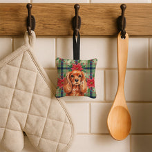 Load image into Gallery viewer, Ruby English Toy Spaniel Christmas PoinsettIas Hanging Square Fabric Ornament 3.5 x 3.5