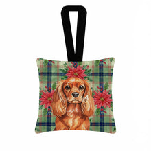 Load image into Gallery viewer, Ruby English Toy Spaniel Christmas PoinsettIas Hanging Square Fabric Ornament 3.5 x 3.5