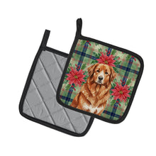 Load image into Gallery viewer, Reddish Brown Great Pyrenees Christmas PoinsettIas Pair of Pot Holders