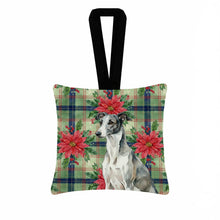 Load image into Gallery viewer, Black and White Greyhound Christmas PoinsettIas Hanging Square Fabric Ornament 3.5 x 3.5