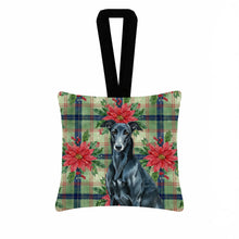 Load image into Gallery viewer, Black Greyhound Christmas PoinsettIas Hanging Square Fabric Ornament 3.5 x 3.5
