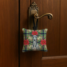 Load image into Gallery viewer, Blue Brindle Greyhound Christmas PoinsettIas Hanging Square Fabric Ornament 3.5 x 3.5