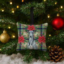 Load image into Gallery viewer, Blue Brindle Greyhound Christmas PoinsettIas Hanging Square Fabric Ornament 3.5 x 3.5