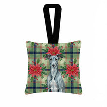 Load image into Gallery viewer, Blue Brindle Greyhound Christmas PoinsettIas Hanging Square Fabric Ornament 3.5 x 3.5