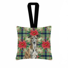 Load image into Gallery viewer, Brindle Greyhound Christmas PoinsettIas Hanging Square Fabric Ornament 3.5 x 3.5