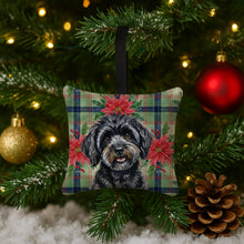 Load image into Gallery viewer, Black Havanese Christmas PoinsettIas Hanging Square Fabric Ornament 3.5 x 3.5