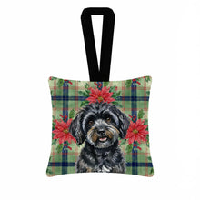 Load image into Gallery viewer, Black Havanese Christmas PoinsettIas Hanging Square Fabric Ornament 3.5 x 3.5