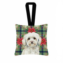 Load image into Gallery viewer, White Havanese Christmas PoinsettIas Hanging Square Fabric Ornament 3.5 x 3.5
