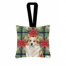 Load image into Gallery viewer, Tan Icelandic Sheepdog Christmas PoinsettIas Hanging Square Fabric Ornament 3.5 x 3.5