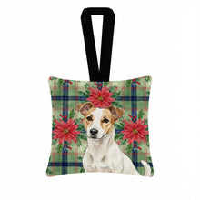 Load image into Gallery viewer, White and Tan Jack Russell Terrier Christmas PoinsettIas Hanging Square Fabric Ornament 3.5 x 3.5