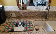 Load image into Gallery viewer, Black and White Japanese Chin Christmas PoinsettIas Dish Drying Mat