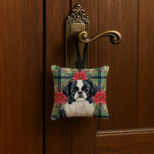 Load image into Gallery viewer, Black and White Japanese Chin Christmas PoinsettIas Hanging Square Fabric Ornament 3.5 x 3.5