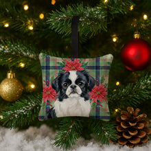 Load image into Gallery viewer, Black and White Japanese Chin Christmas PoinsettIas Hanging Square Fabric Ornament 3.5 x 3.5