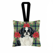Load image into Gallery viewer, Black and White Japanese Chin Christmas PoinsettIas Hanging Square Fabric Ornament 3.5 x 3.5
