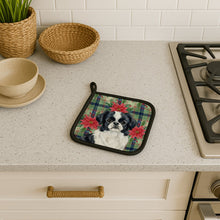 Load image into Gallery viewer, Black and White Japanese Chin Christmas PoinsettIas Pair of Pot Holders