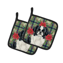 Load image into Gallery viewer, Black and White Japanese Chin Christmas PoinsettIas Pair of Pot Holders