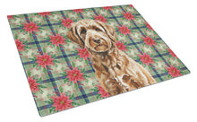 Load image into Gallery viewer, Chocolate Labradoodle Christmas PoinsettIas Glass Cutting Board