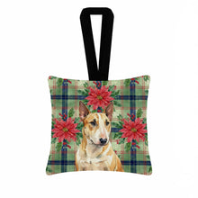 Load image into Gallery viewer, Miniature Bull Terrier Christmas PoinsettIas Hanging Square Fabric Ornament 3.5 x 3.5