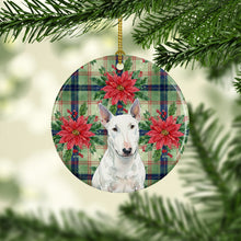 Load image into Gallery viewer, White Miniature Bull Terrier Christmas PoinsettIas Ceramic Ornament