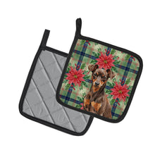 Load image into Gallery viewer, Chocolate and Rust Miniature Pinscher Min Pin Christmas PoinsettIas Pair of Pot Holders