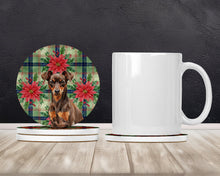 Load image into Gallery viewer, Chocolate and Rust Miniature Pinscher Min Pin Christmas PoinsettIas Large Sandstone Coasters Pack of 4