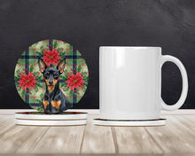 Load image into Gallery viewer, Black and Tan Miniature Pinscher Christmas PoinsettIas Large Sandstone Coasters Pack of 4