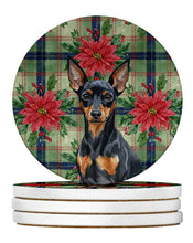 Load image into Gallery viewer, Black and Tan Miniature Pinscher Christmas PoinsettIas Large Sandstone Coasters Pack of 4