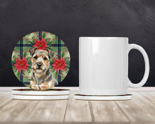 Load image into Gallery viewer, Grizzle and Tan Norfolk Terrier Christmas PoinsettIas Large Sandstone Coasters Pack of 4