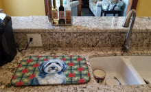 Load image into Gallery viewer, Blue and White Old English Sheepdog Christmas PoinsettIas Dish Drying Mat