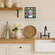 Load image into Gallery viewer, Blue and White Old English Sheepdog Christmas PoinsettIas Framed Metal Print