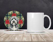 Load image into Gallery viewer, Gray and White Old English Sheepdog Christmas PoinsettIas Large Sandstone Coasters Pack of 4