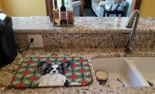 Load image into Gallery viewer, Black and White Papillon Christmas PoinsettIas Dish Drying Mat