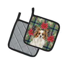 Load image into Gallery viewer, White with Sable Papillon Christmas PoinsettIas Pair of Pot Holders