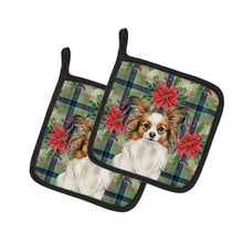 Load image into Gallery viewer, White with Sable Papillon Christmas PoinsettIas Pair of Pot Holders